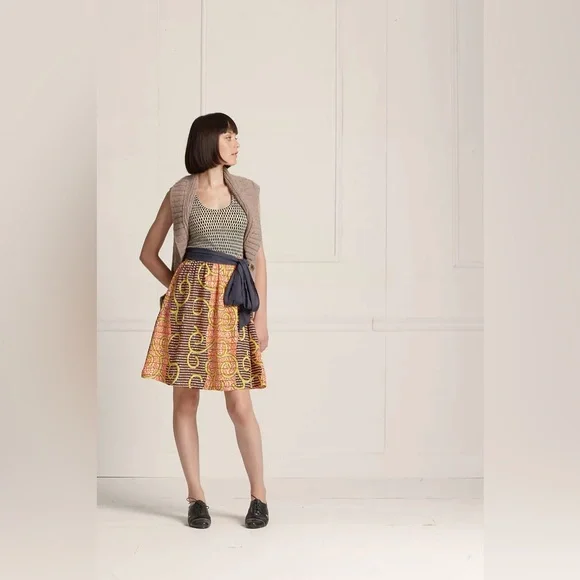 Anthropologie Porridge 100% Silk Orange Motif Flight-Of-The-Bee Dress - Picture 1 of 5